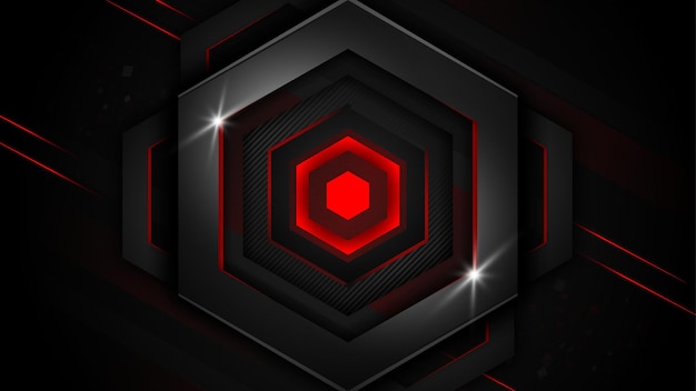Realistic luxury hexagonal black metal background with red light lines dark and gray geometric shape