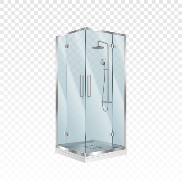 Vector realistic luxury shower cabin isolated corner bathroom box cabinet with transparent glass door