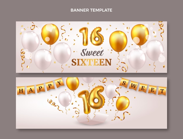 Vector realistic luxury sweet 16 horizontal banners