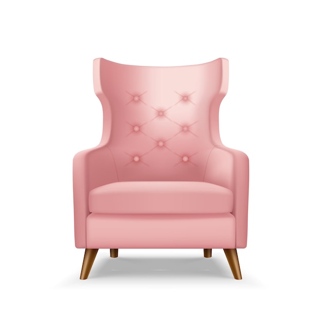 Vettore poltrona in velluto di lusso realistico. comoda sedia rosa per interni di case moderne, design loft