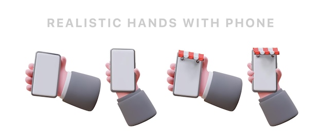 Realistic male hands holding smartphone Set of 3D icons for web advertising social networks