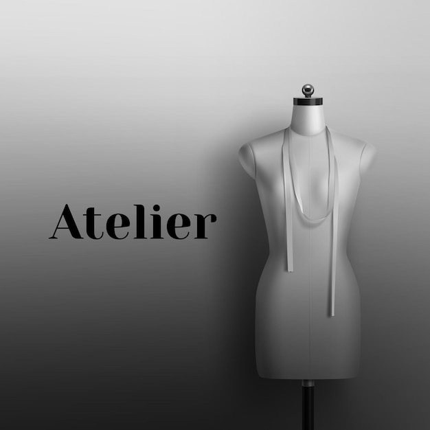 Realistic of mannequin for sewing atelier. black and white sign