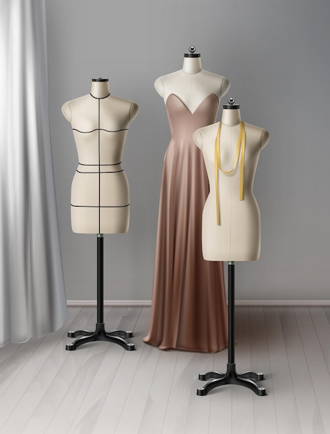  realistic of mannequin for sewing atelier. Working space with fabrics, measuring tape, mannequins, dress