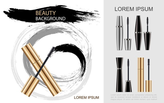 Realistic mascara brush concept with black silver golden tubes and cosmetic brush smears  illustration,