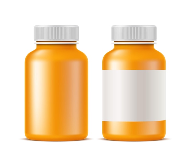 Vettore mockup di bottiglia di farmaci e pillole mediche realistico. antidolorifici in bianco arancione, contenitore di antibiotici per la progettazione di prodotti farmaceutici. barattolo vuoto per farmaci con coperchio senza disegno.