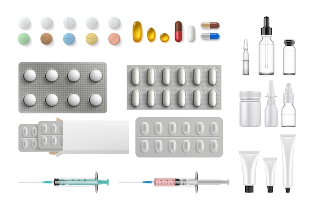 Raccolta di set di attrezzature mediche realistiche.