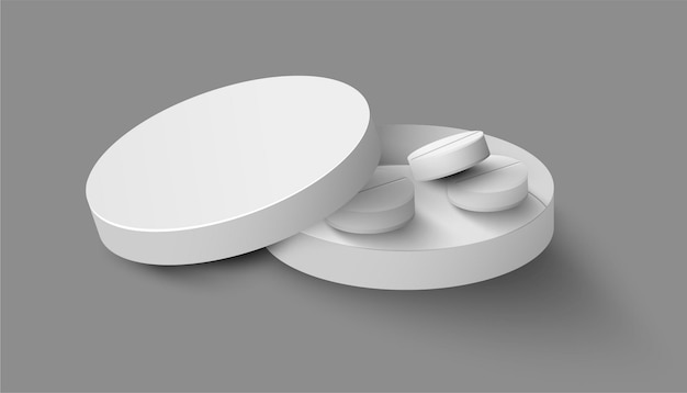 realistic medical package template with pills inside box on gray