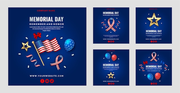 Collezione di post di instagram del memorial day realistica