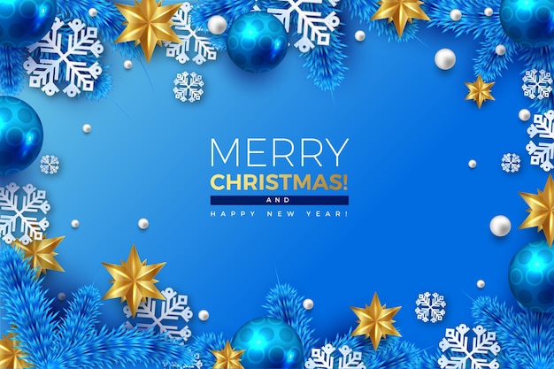 Realistic merry christmas background with snowflakes and hanging balls