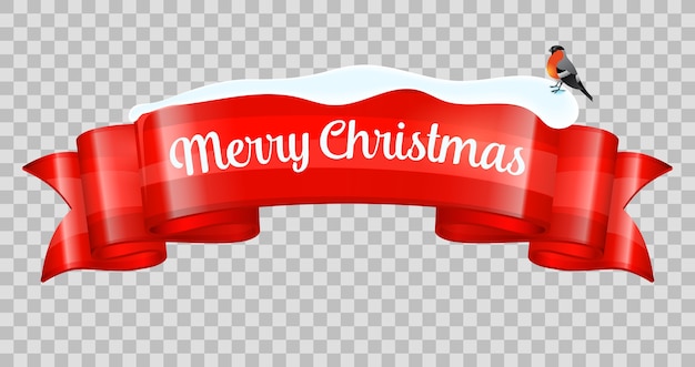 Vector realistic merry christmas banner. new year ribbon with bullfinch and snowdrift.   on transparent background