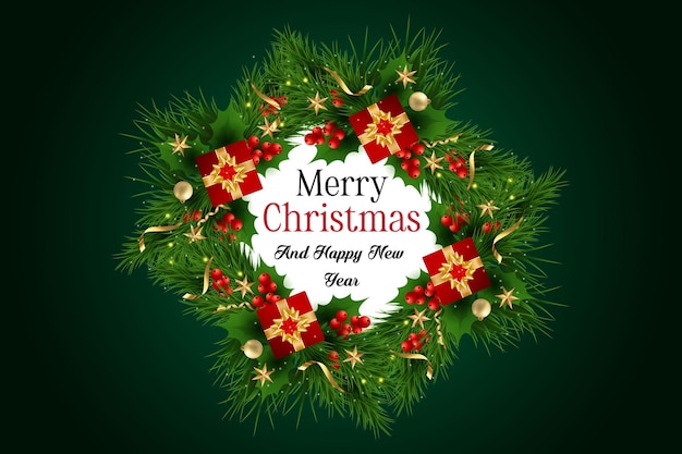 Vector realistic merry christmas day background with golden balls gift box and happy new year decorative