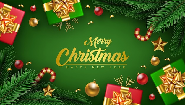 Realistic merry christmas and happy new year decorative celebration background design