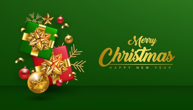 Realistic merry christmas and happy new year green background