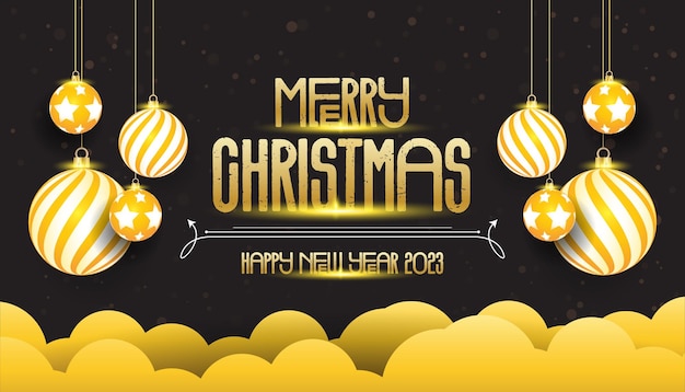 Realistic merry christmas and happy new years eve 2023 gold template banners