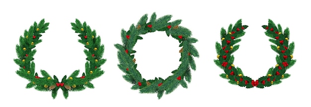 Vector realistic merry christmas natural wreaths with pine branches. green fir wreath decorated with holly leaves, red berry and balls vector set. celebration wreath realistic with garland illustration