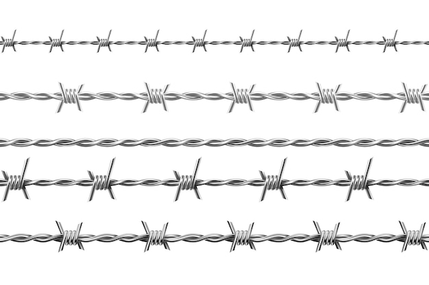 リアルな金属有刺鉄線、スパイク付きのシームレスなボーダー。とげによる刑務所または軍の柵の保護。境界防衛有刺鉄線ベクトルセット