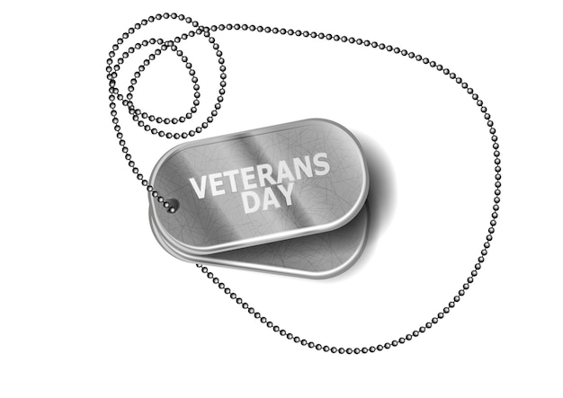 Vector realistic metal dog tag and chain on grey background with shadow