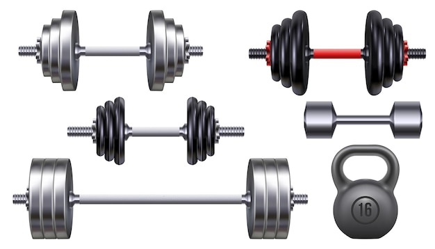 Realistic metal dumbbells kettlebell and barbell for gym weight training 3d fitness and bodybuilding exercise iron equipment vector set