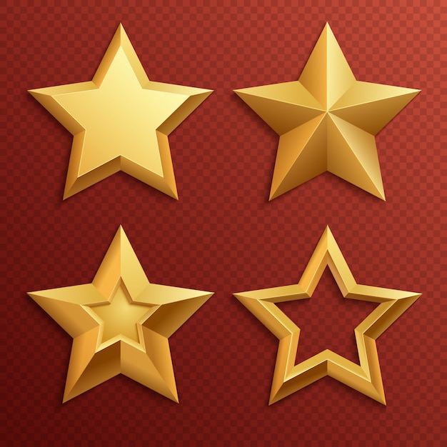 Realistic metal golden stars isolated for rating and holiday decoration vector set. Illustration of star decoration for award rating