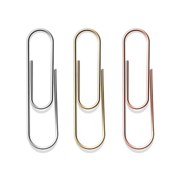 Vector realistic metal paper clips gold steel and bronze.