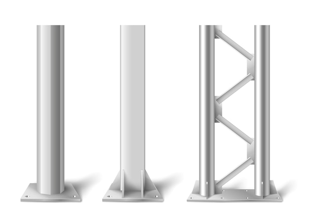 Vector realistic metal poles. silver metal vertical pillars, glossy aluminum construction