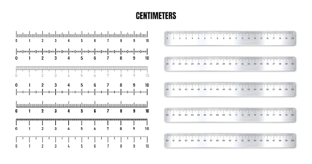 Реалистичные металлические линейки с черной сантиметровой шкалой для измерения длины или высоты различных