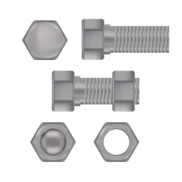 Vector realistic metal screws and steel bolts isolated on white