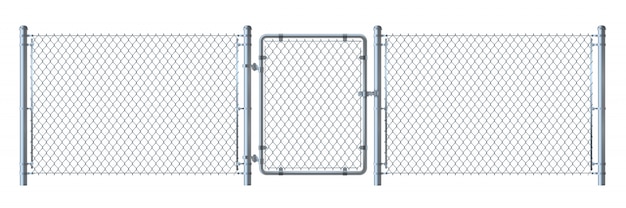 Vector realistic metal wire fence and gate   detailed illustration isolated on white background.