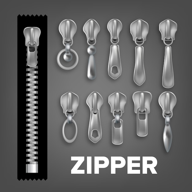 Realistic metallic and plastic zippers