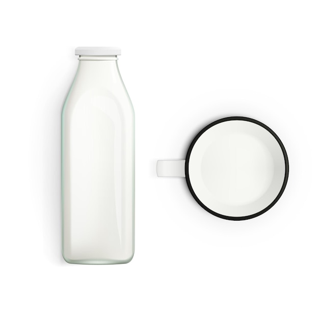 Vettore bottiglia di latte e tazza realistiche isolate su bianco