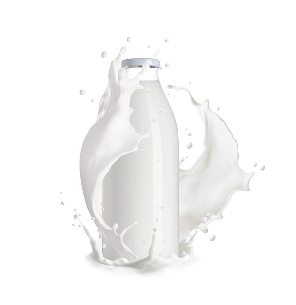 Vettore bottiglia di latte realistica con onda bianca spruzzata di crema