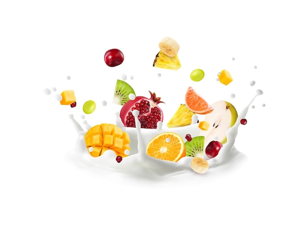 Vector realistic milk drink corona splash and fruits