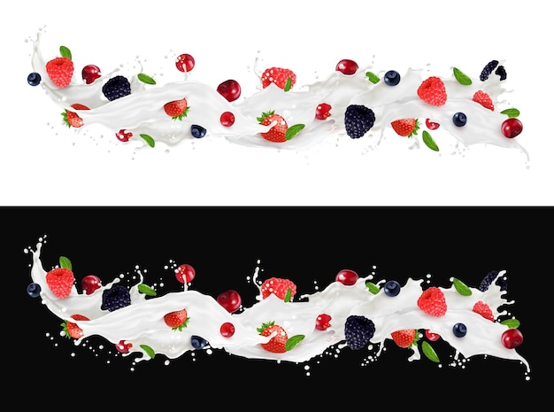 Vector realistic milk drink wave splash with berries yogurt or dairy beverage vector background strawberry raspberry blueberry or blackberry and cranberry berry in milk splash long wave with green leaves