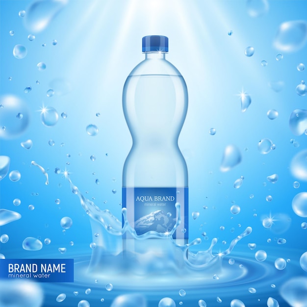 Realistic mineral  water bottle  composition with lots of flying drops sunlight text and plastic packaging  illustration,