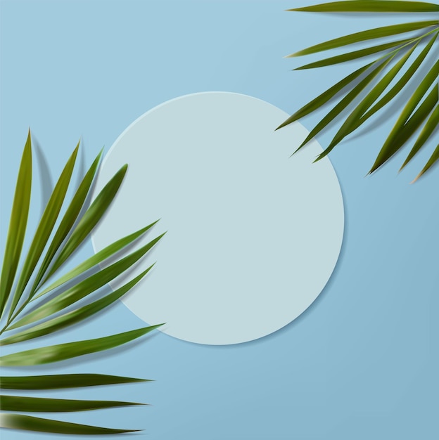 Vector realistic minimalist scene with tropical leaves and blue scene top view 3d scene for cosmetics