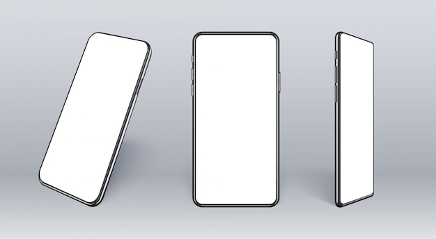 realistic mobile phone from different angles. Smart device collection with thin frame and blank screen