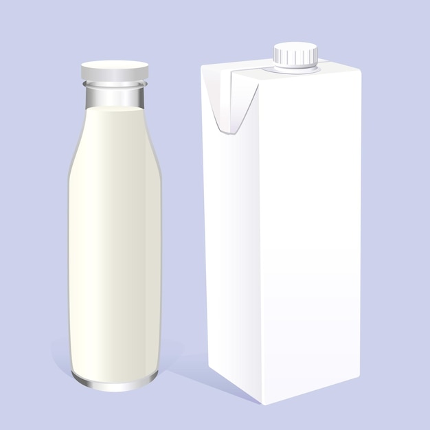 Realistic mockup of cardboard and glass packaging bottle for juice milk retail packaging template