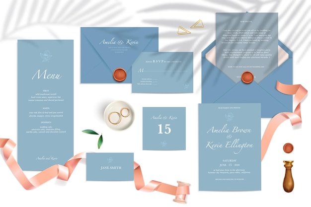 Vector realistic mockup of wedding invitation cards menu envelopes in blue color with text rings ribbons and seal isolated  illustration