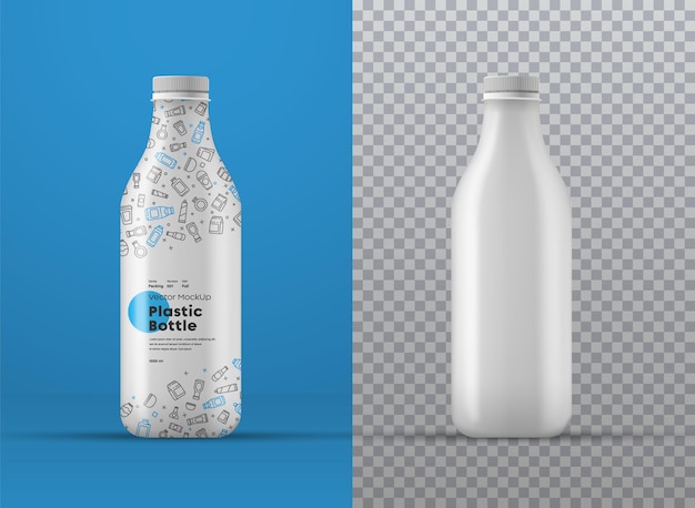 Vector realistic mockup of white plastic bottle with label. universal template for different volumes in milliliters on transparent and colored backgrounds.