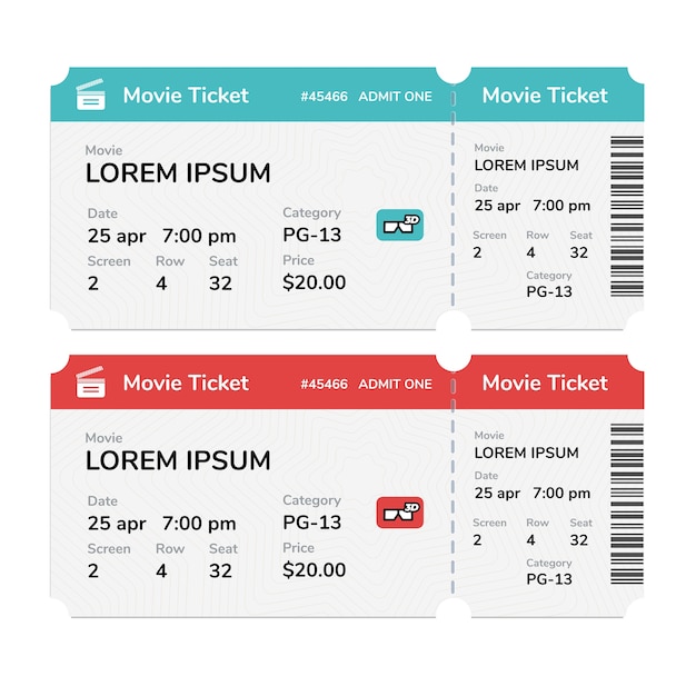 realistic modern cinema tickets isolated on white background