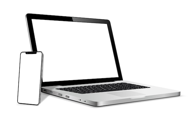 Realistic modern laptop and smartphone with blank screen isolated