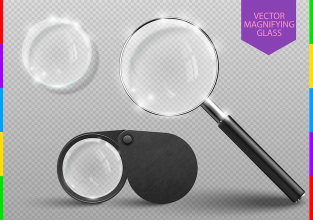 Realistic modern magnifying glass set. vector magnifier lens tool.