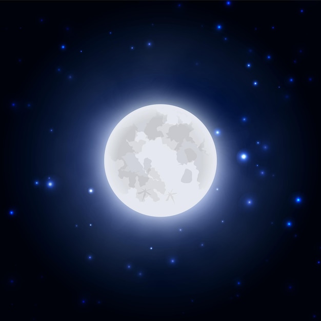 Vector realistic moon icon on blue dark night sky background vector illustration