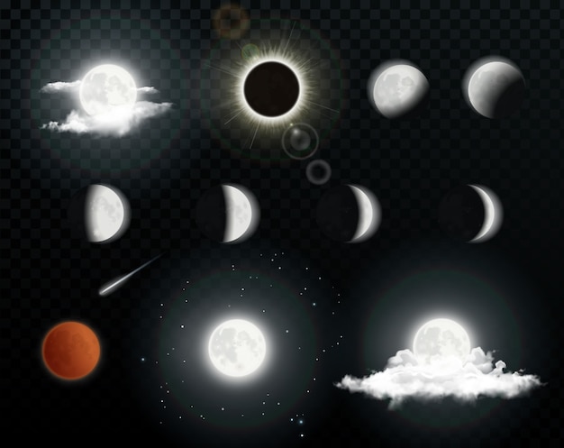 Realistic moon phases with clouds on transparent background.\
solar eclipse. lunar eclipse. illustration