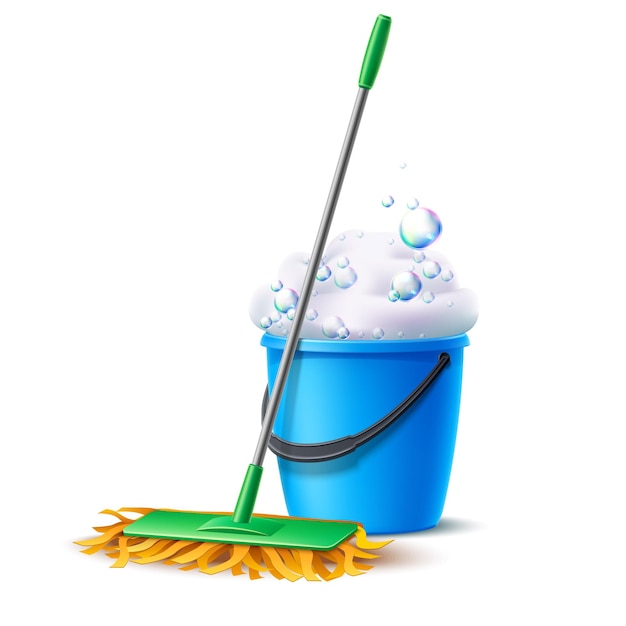 Realistic mop and blue bucket full of soapy foam with bubbles Floor mopping housework design