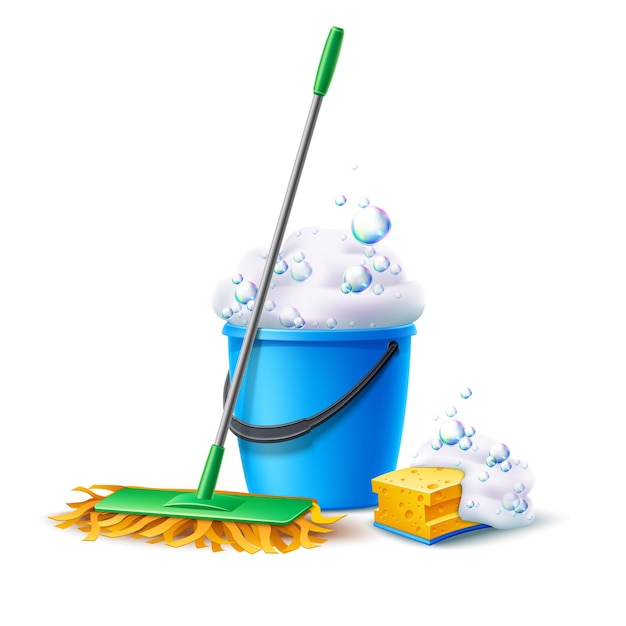 Vector realistic mop sponge and bucket full of soapy foam with colorful bubbles floor mopping