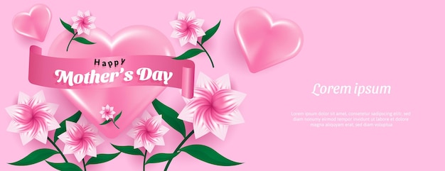 Vector realistic mother39s day banner background in pink color with heart and flower vector illustration