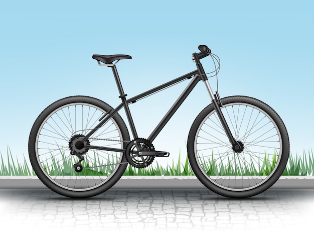 realistic mountain bike isolated on gradient background with grass and cobbles