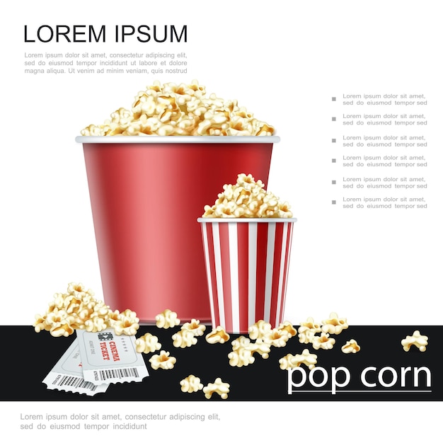 Poster colorato cinema realistico con biglietti del cinema e secchi di carta di popcorn