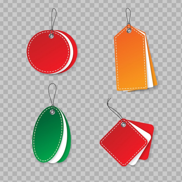 Realistic multicolored paper hanging labels mockup with cord. price tag set in different shapes.